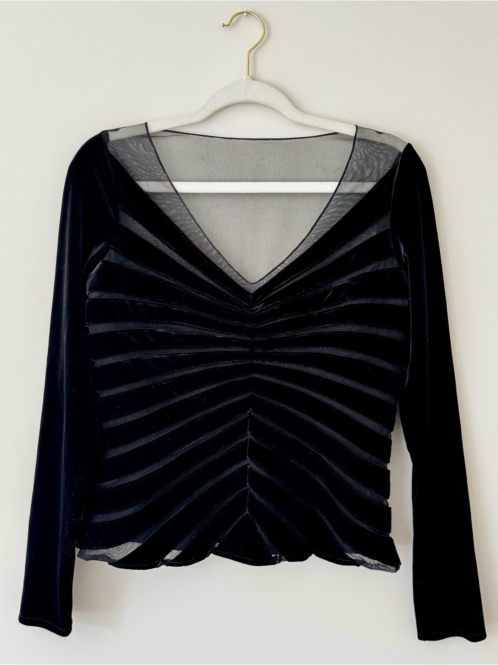 Vintage Chetta B 90s Velvet Chevron / Striped Velour & Sheer Mesh Top, Black – 6